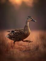 Female Mallard Duck at Sunset in Golden Grass. A close up photograph of a wild duck in its natural habitat. photo