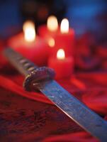 Ornate Katana on Red Silk with Candlelight. A close up image of a decorative Japanese sword. photo