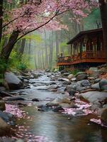 Serene Cabin by the Stream in a Misty Forest with Cherry Blossoms. photo