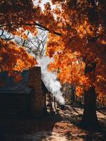 Autumn Cabin Scene Log Home with Smoky Chimney and Vibrant Fall Foliage. photo