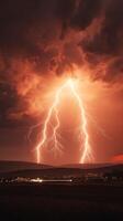 Dramatic Double Lightning Strike over Rural Landscape at Night. A breathtaking image capturing the power of nature during a nighttime thunderstorm. photo