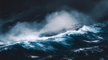 Ship Battling Massive Ocean Waves in a Storm. A dramatic aerial view of a vessel navigating perilous waters. photo