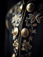 Close up of ornate gold buttons and embroidery on a dark garment. A detailed image showcasing luxurious textile craftsmanship. photo