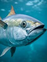 Close Up of a Tuna Swimming Underwater in the Ocean. A Detailed Image of a Fish's Head and Body. photo