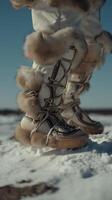 Close Up of Luxurious Fur Boots in Snowy Landscape. A detailed image showcasing handcrafted winter footwear. photo
