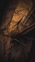 Close Up of a Brown Moth Resting on Dark Bark. A Detailed Image of Insect Texture and Color. photo