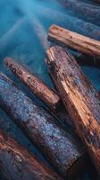 Close Up of Waterlogged Logs in a Dark Blue Lake. A Textured Image of Rustic Wood Submerged in Water. photo