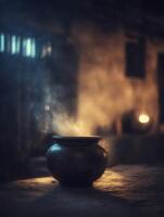 Steaming Clay Pot in a Dark Room A Moody Still Life Image. photo