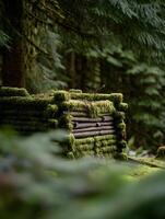 Moss Covered Log Cabin Structure in a Lush Forest. A close up image of an old log structure overtaken by moss in a tranquil forest setting. photo