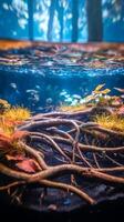 Underwater Forest Scene Roots and Aquatic Plants Under a Tranquil Surface. photo