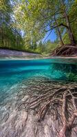 Underwater and Above Water View of Tree Roots in a Crystal Clear River. photo