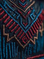 Close up of intricate beaded textile with red, blue, and gold accents. A detailed image showcasing colorful beadwork. photo