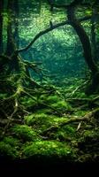 Underwater Forest Scene Moss Covered Roots and Trees. photo