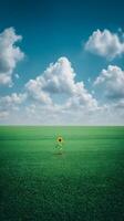 Single Sunflower in a Vast Green Field Under a Blue Sky with Fluffy Clouds. photo