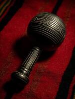 Intricate Carved Wooden Rattle on Red and Black Fabric. A close up image of a handcrafted rattle. photo