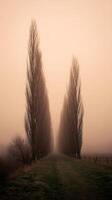 Serene Foggy Landscape with Bare Trees Lining a Path. photo