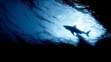 Silhouetted Shark Swimming in Deep Ocean Waters. A dramatic underwater image showing a shark's silhouette against a bright light source. photo