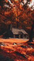 Stone Cabin nestled in a vibrant autumn forest, surrounded by fiery red leaves. photo