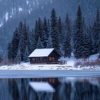 Secluded Winter Cabin by Frozen Lake A Serene Mountain Escape. photo
