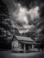 Rustic Log Cabin Under a Dramatic Stormy Sky Black and White Photography. photo