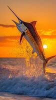 Majestic Marlin Leaps from Ocean Waves at Sunset. A breathtaking image of a marlin in mid-air, splashing through the waves during a vibrant sunset. photo