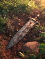 Ancient Sword Buried in the Earth A Close Up of a Rusty Blade in Grass. photo