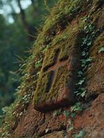 Mossy Stone Cross Embedded in a Forest Wall. photo