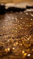 Golden Hour Water Reflections Abstract Close Up of Shimmering Water and Pebbles. photo