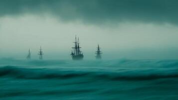 Sailing Ships in a Misty Sea A Dramatic Ocean Scene. photo