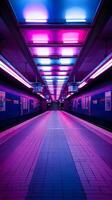 Vibrant Pink and Blue Neon Lights Illuminate Subway Platform. photo