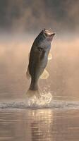 Largemouth Bass Leaping from the Water at Sunrise. A stunning image of a fish jumping high out of the water during the golden hour. photo