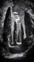 Monochrome Pathway Through a Mystical Forest of Tall, Slender Stone Pillars. photo