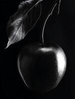 Monochrome Still Life Apple with Leaf on Black Background. photo