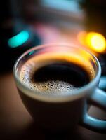 Close Up of Aromatic Coffee in a Mug, Warm Lighting. photo