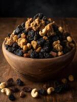 Delicious Mix of Dried Fruits and Nuts in a Wooden Bowl. A close up shot of a healthy snack. photo
