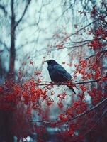 A Raven Perched on a Branch Heavy with Red Berries in a Winter Scene. photo