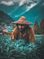 Farmer in a Wide Straw Hat Working in a Lush Green Field, Mountain Background. photo