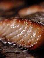Close up of Pan Seared Fish Fillet, Detailed Texture and Glaze. photo