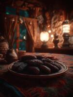 Close up of Dates on a Plate in a Rustic Cabin Setting. photo