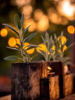 Sage Plants in Rustic Wooden Planters at Sunset. A close up image of aromatic herbs growing in repurposed wood. photo