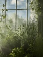 Sunlit Herbs in a Windowsill Greenhouse A Misty Morning Scene. photo