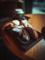 A delectable assortment of freshly baked pastries arranged on a dark tray, ready to be enjoyed. photo