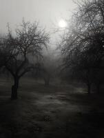 Sunlit Foggy Field with Silhouetted Leafless Trees. A misty winter landscape with bare trees. photo