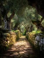 Sunlit Stone Path Through Ancient Olive Grove A Serene Nature Scene. photo