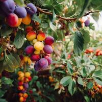 Ripe Plums Hanging on a Branch in an Orchard. A close up image of colorful plums growing on a tree. photo