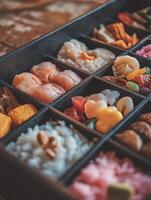 Close up of an Assorted Japanese Bento Box with Various Dishes. photo