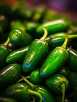 Close up of Fresh Green Jalapeno Peppers, Vibrant and Juicy. photo