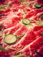 Close Up of Thinly Sliced Raw Beef with Cucumber and Green Onions. photo
