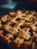 Close Up of a Delicious Homemade Apple Pie with a Lattice Crust. photo