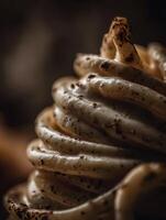 Close Up of Creamy Dessert with Chocolate Sprinkles. A detailed image showcasing the texture and swirls of a delicious-looking confection. photo